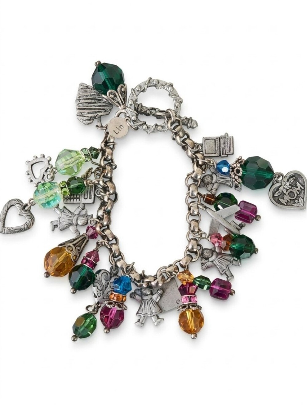 Vtg Don Lin Multicolor Charm Bracelet with Crystal Beads